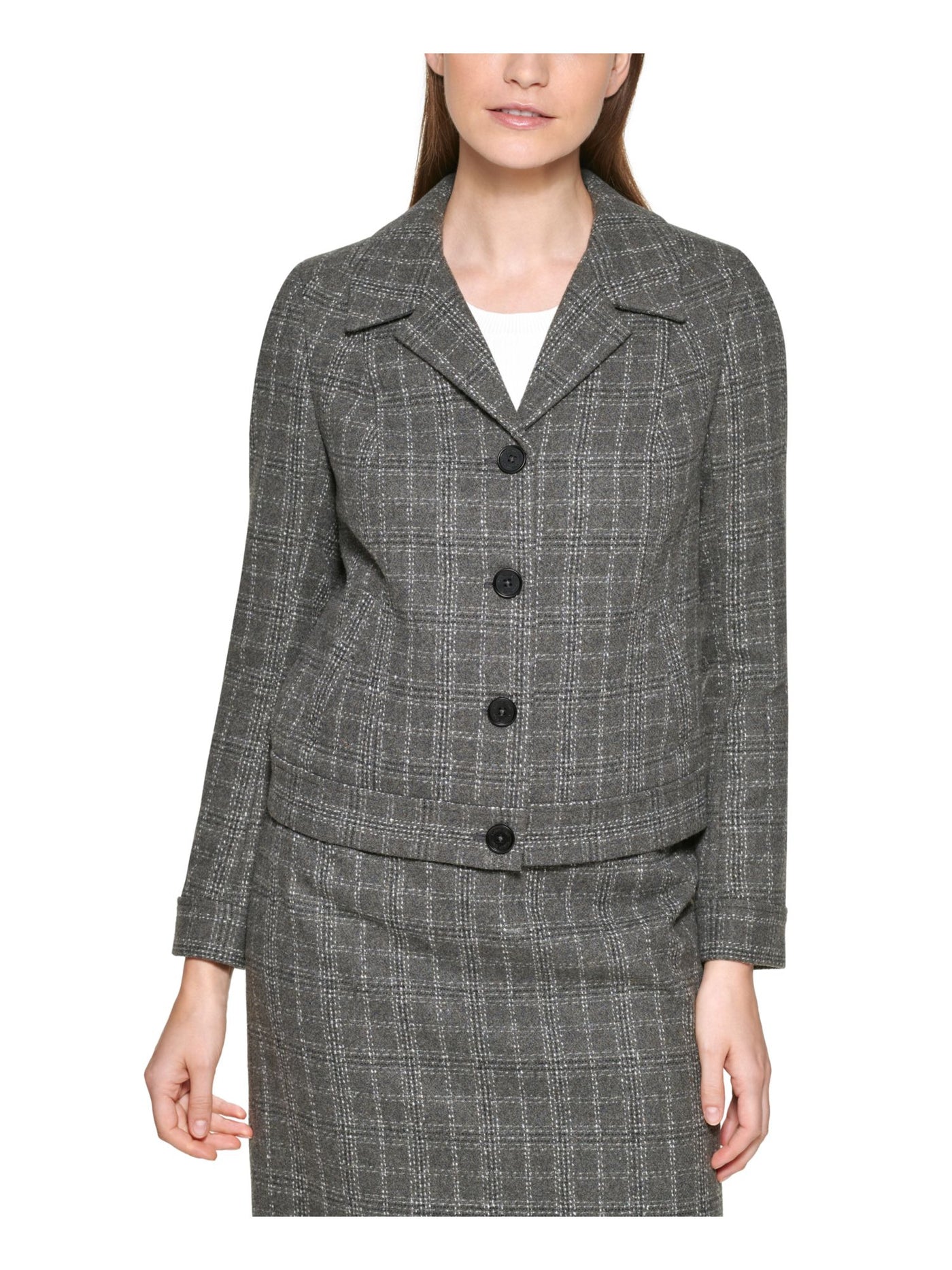 CALVIN KLEIN Womens Gray Pocketed Textured Fitted Plaid Wear To Work Blazer Jacket Petites 4P