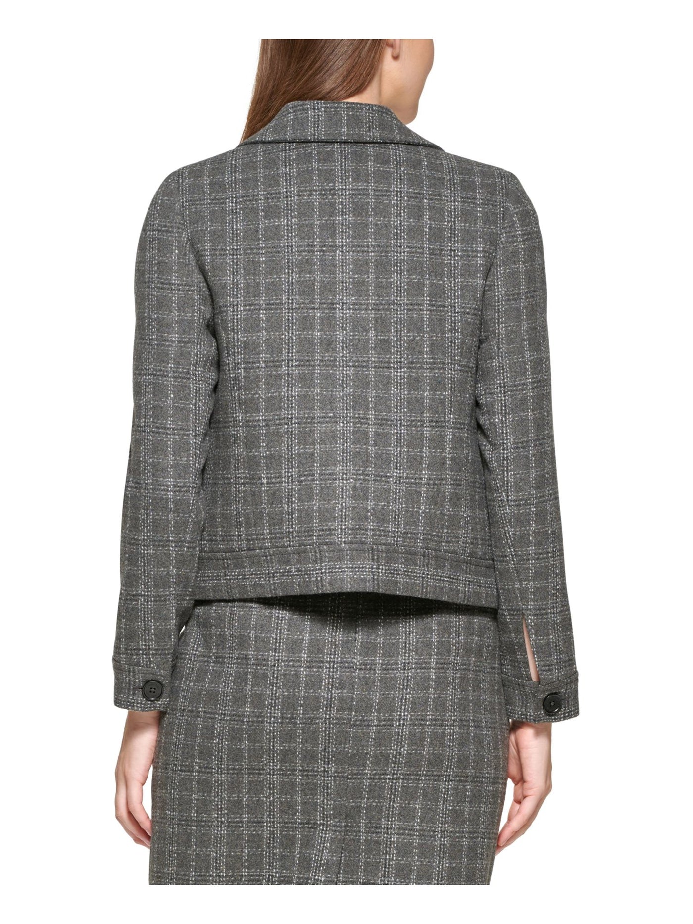 CALVIN KLEIN Womens Gray Pocketed Textured Fitted Plaid Wear To Work Blazer Jacket Petites 2P