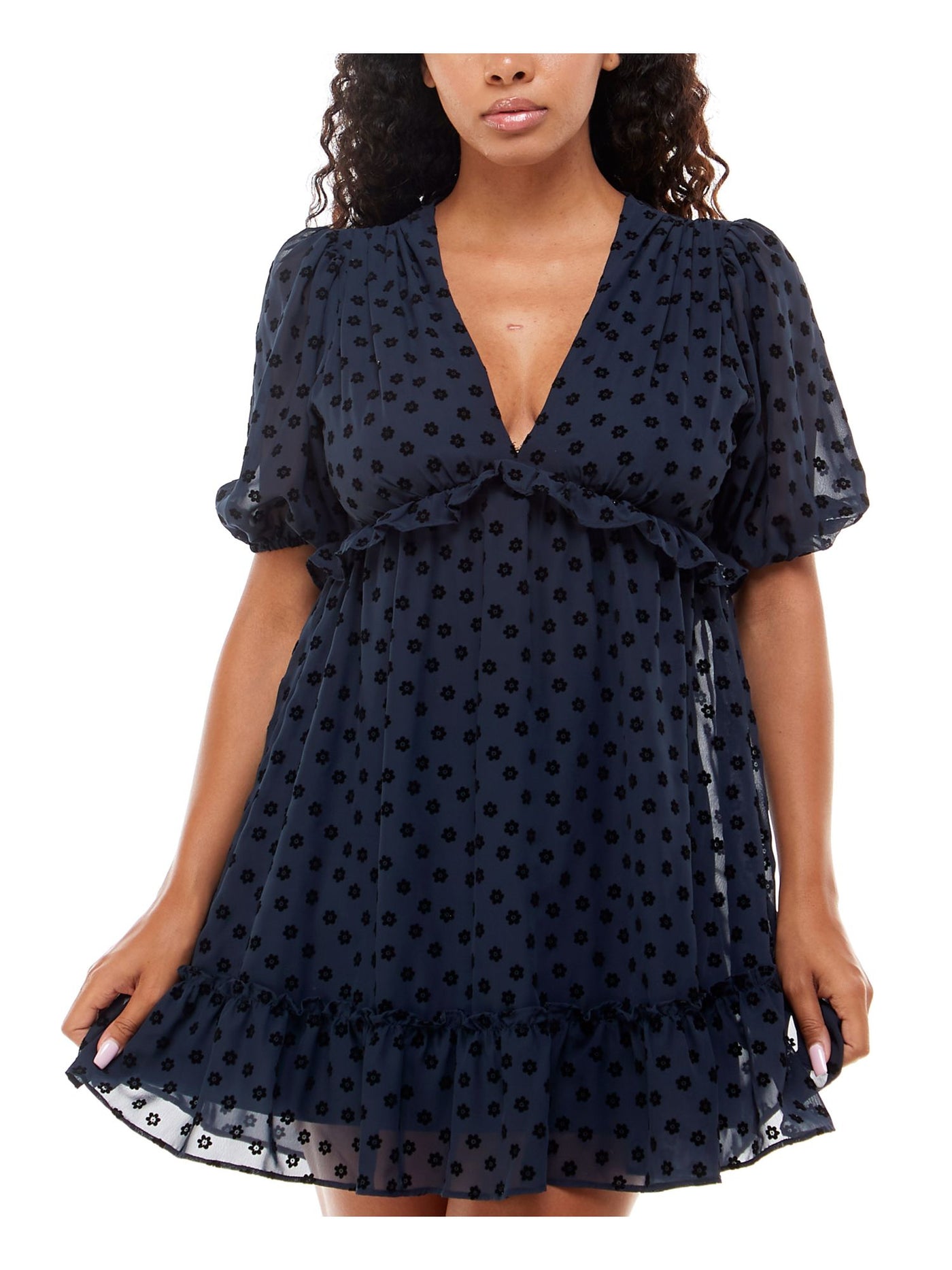 B DARLIN Womens Navy Ruffled Zippered Lined Floral Pouf Sleeve V Neck Mini Party Baby Doll Dress 7\8