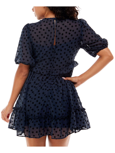 B DARLIN Womens Navy Ruffled Zippered Lined Floral Pouf Sleeve V Neck Mini Party Baby Doll Dress 7\8