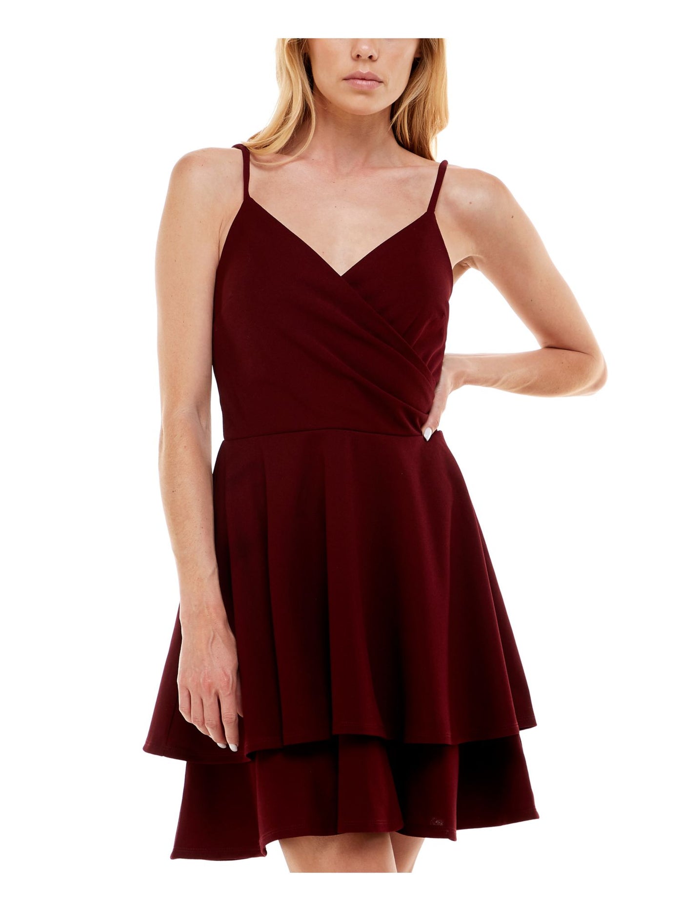 EMERALD SUNDAE Womens Maroon Zippered Spaghetti Strap Surplice Neckline Above The Knee Party Ruffled Dress XXS