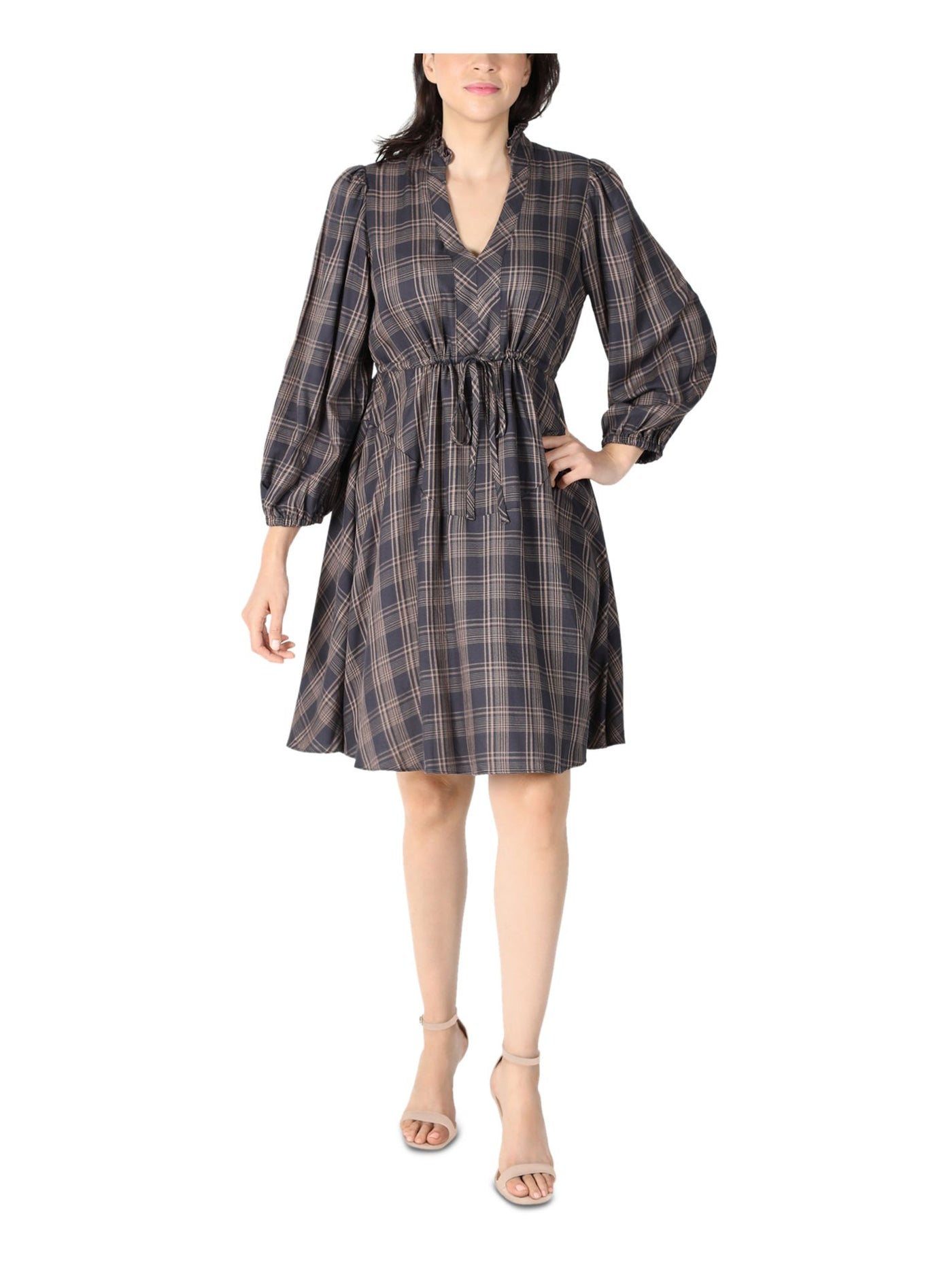 SIGNATURE BY ROBBIE BEE Womens Gray Ruffled Drawstring Waist Unlined Plaid Balloon Sleeve Split Above The Knee Fit + Flare Dress Petites 10P