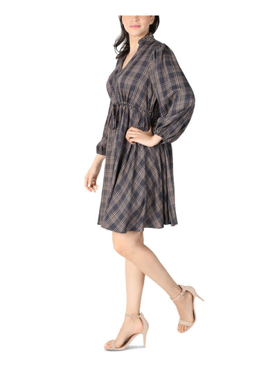 SIGNATURE BY ROBBIE BEE Womens Gray Ruffled Drawstring Waist Unlined Plaid Balloon Sleeve Split Above The Knee Fit + Flare Dress Petites 10P