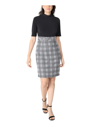 SIGNATURE BY ROBBIE BEE Womens Black Stretch Belted Short Sleeve Mock Neck Above The Knee Sheath Dress Petites PM