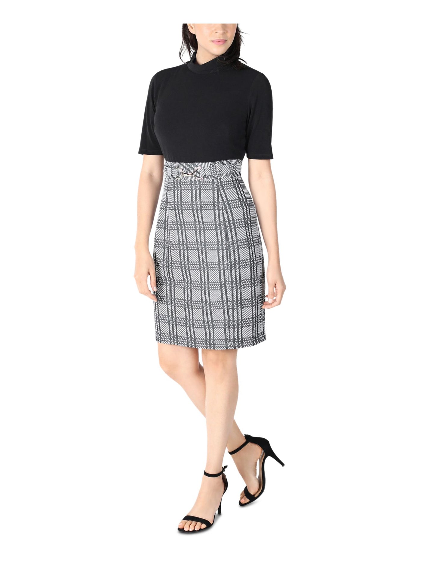 SIGNATURE BY ROBBIE BEE Womens Black Stretch Belted Short Sleeve Mock Neck Above The Knee Sheath Dress Petites PM