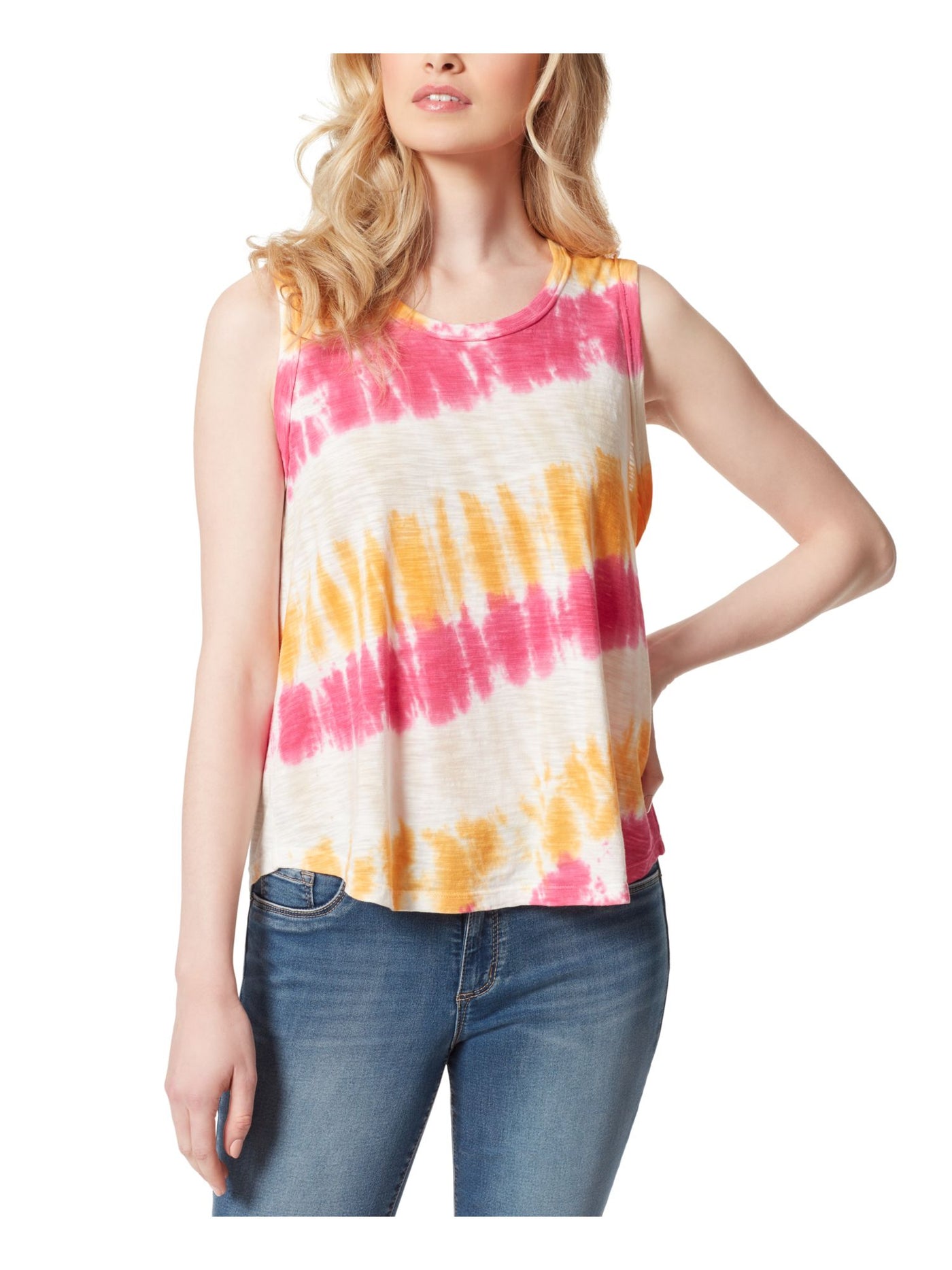 JESSICA SIMPSON Womens Gold Stretch Tie Dye Sleeveless Jewel Neck Tank Top XS