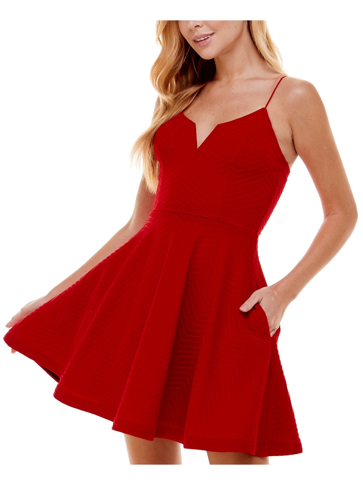 CITY STUDIO Womens Red Pocketed Zippered Lace Up Back Sleeveless V Neck Short Party Fit + Flare Dress 17