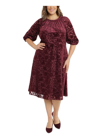 LONDON TIMES Womens Burgundy Stretch Zippered Pleated Lined Burnout Velvet Floral Elbow Sleeve Round Neck Midi Formal Fit + Flare Dress Plus 16W