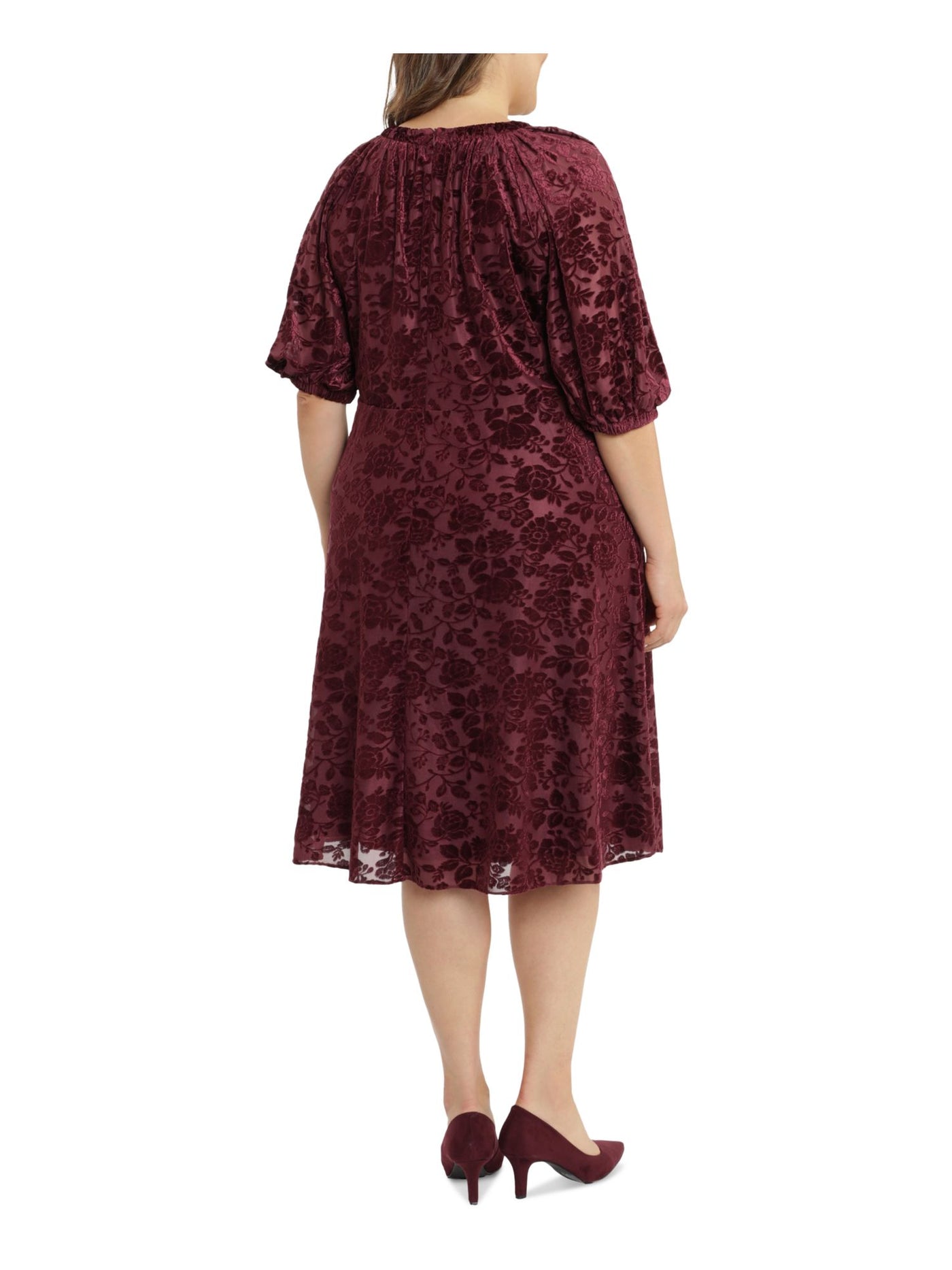 LONDON TIMES Womens Burgundy Stretch Zippered Pleated Lined Burnout Velvet Floral Elbow Sleeve Round Neck Midi Formal Fit + Flare Dress Plus 16W