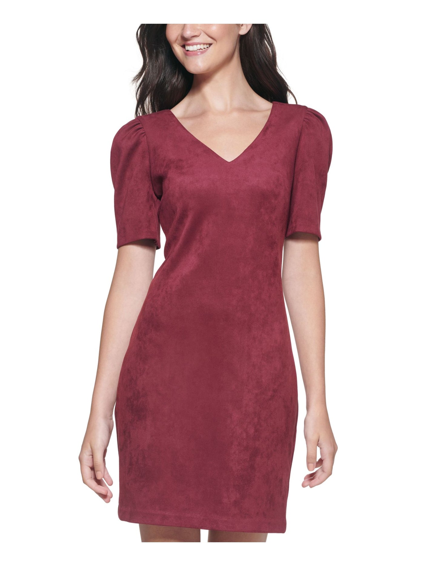 GUESS Womens Zippered Faux Suede Pouf Sleeve V Neck Above The Knee Cocktail Sheath Dress