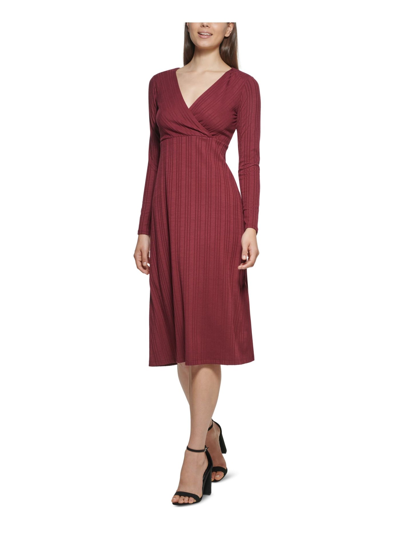 KENSIE Womens Burgundy Knit Ribbed Lined Pullover Long Sleeve Surplice Neckline Midi Wear To Work Dress XL