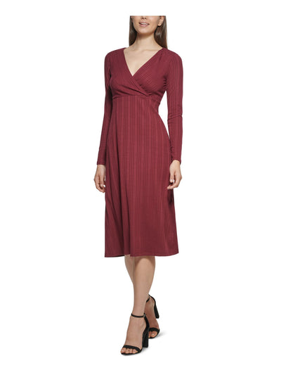 KENSIE DRESSES Womens Burgundy Knit Ribbed Lined Pullover Long Sleeve Surplice Neckline Midi Wear To Work Dress S