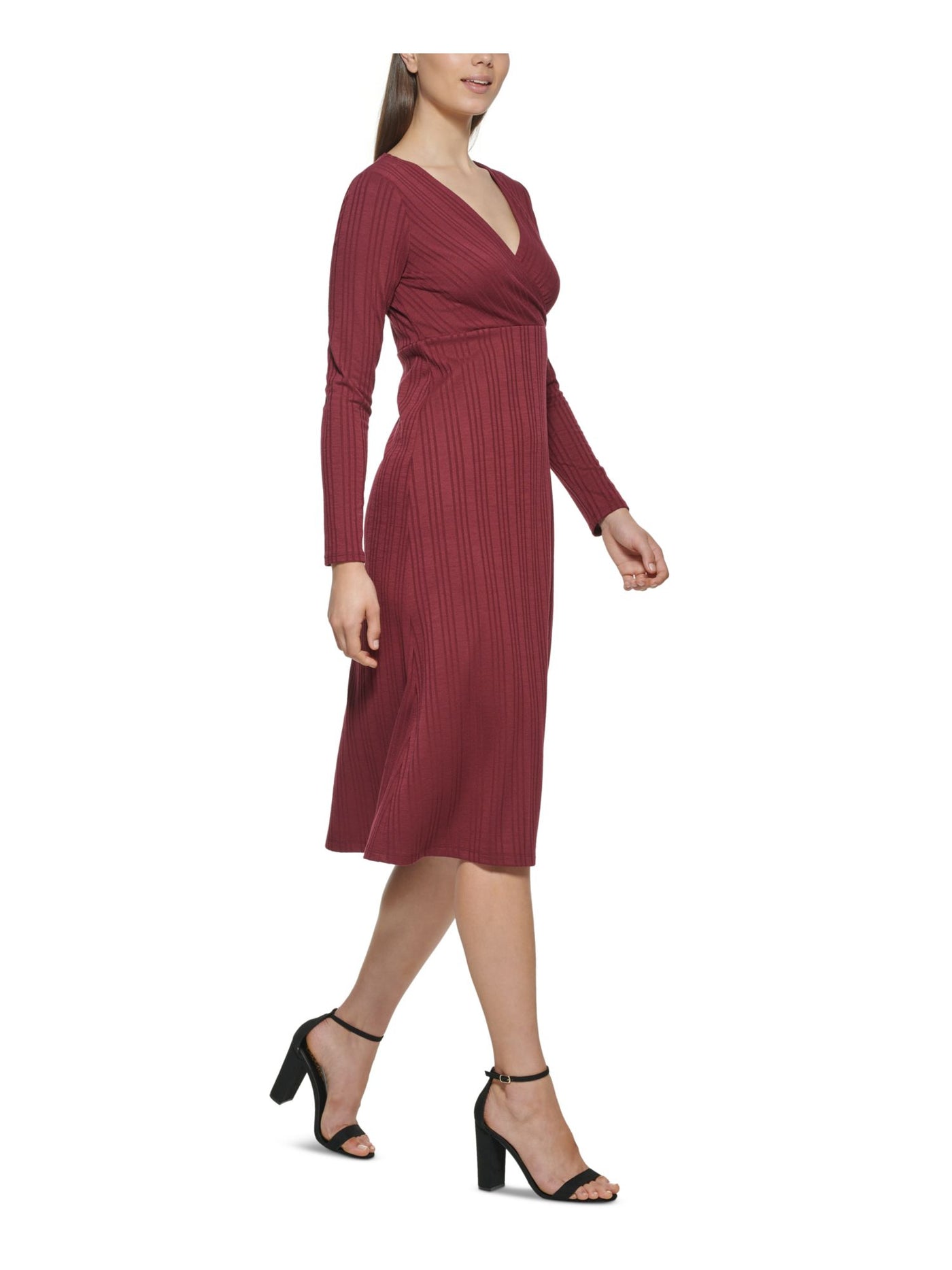 KENSIE DRESSES Womens Maroon Knit Ribbed Lined Pullover Long Sleeve Surplice Neckline Midi Wear To Work Dress XS