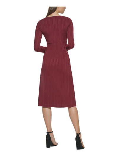 KENSIE DRESSES Womens Knit Ribbed Lined Pullover Long Sleeve Surplice Neckline Midi Wear To Work A-Line Dress