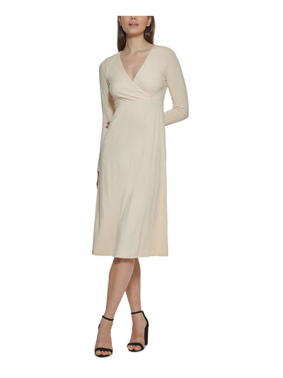 KENSIE Womens Beige Knit Ribbed Long Sleeve Surplice Neckline Midi Wear To Work A-Line Dress L