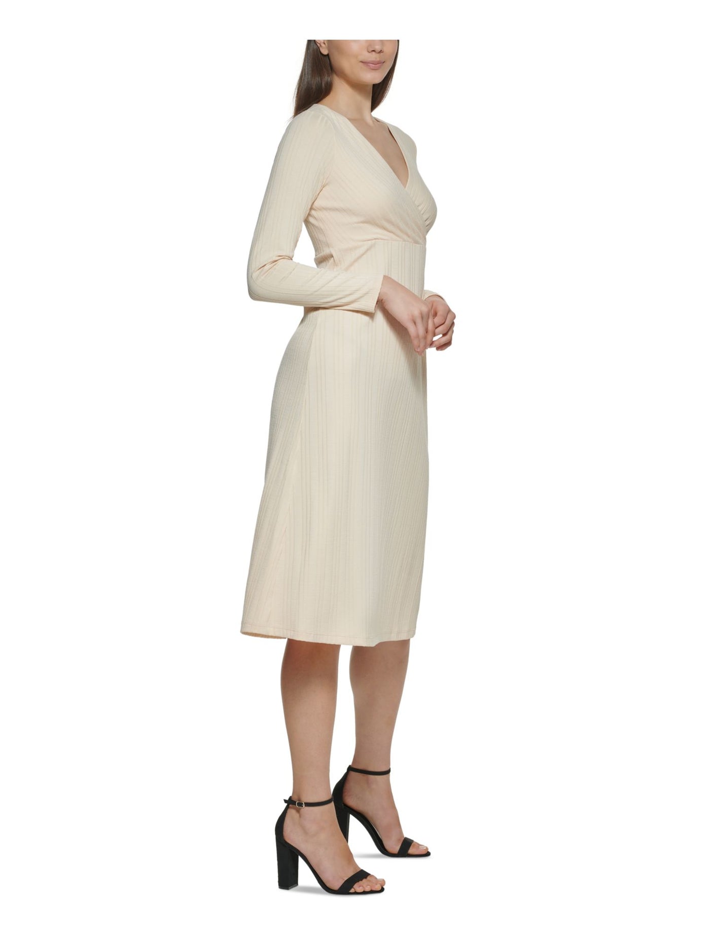 KENSIE DRESSES Womens Beige Knit Ribbed Long Sleeve Surplice Neckline Midi Wear To Work A-Line Dress XS