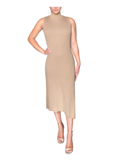 RACHEL ROY Womens Zippered Ribbed Sleeveless Mock Neck Midi Sheath Dress