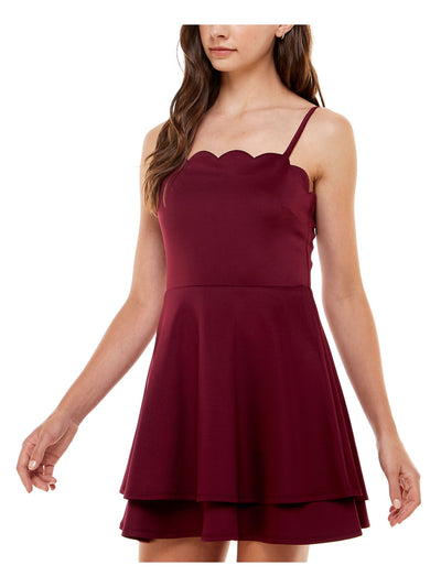 SPEECHLESS Womens Burgundy Zippered Scalloped Spaghetti Strap Square Neck Short Party Fit + Flare Dress S