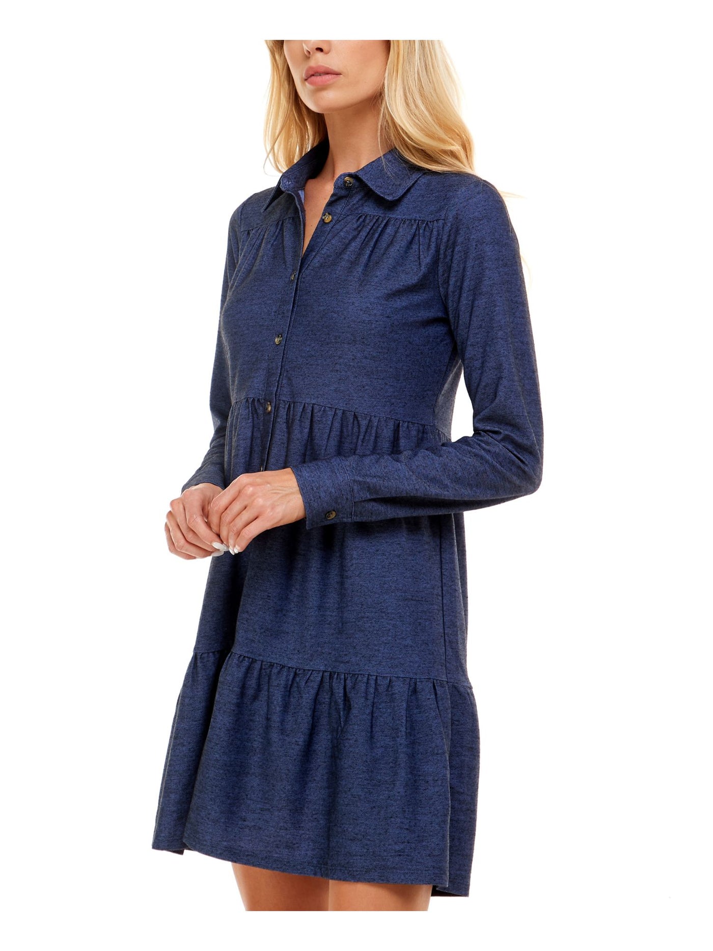 ULTRA FLIRT Womens Blue Stretch Pleated Ruffled Fitted Button Closures Cuffed Sleeve Point Collar Short Shirt Dress S