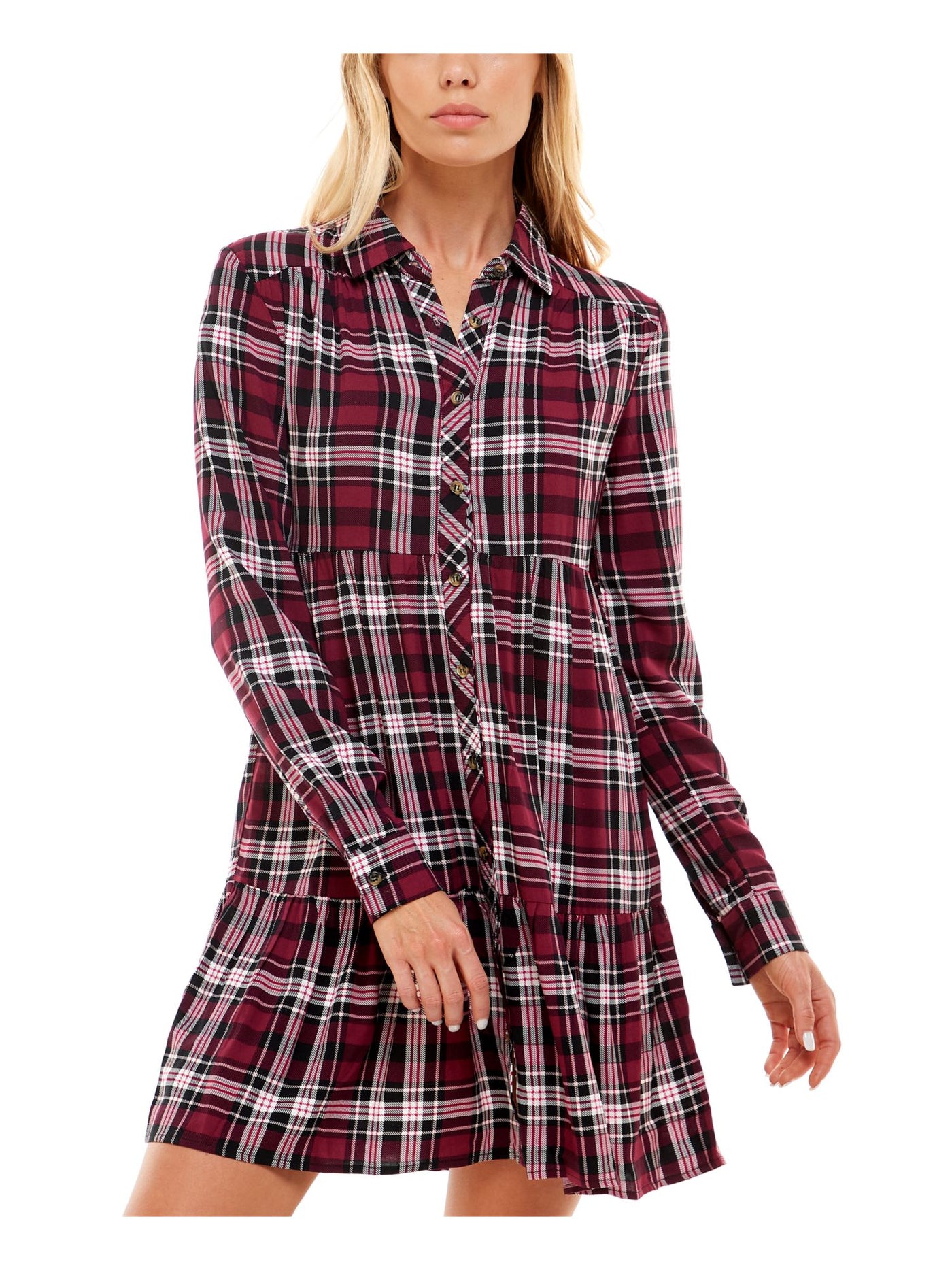 ULTRA FLIRT Womens Burgundy Plaid Cuffed Sleeve Point Collar Above The Knee Wear To Work Fit + Flare Dress XS