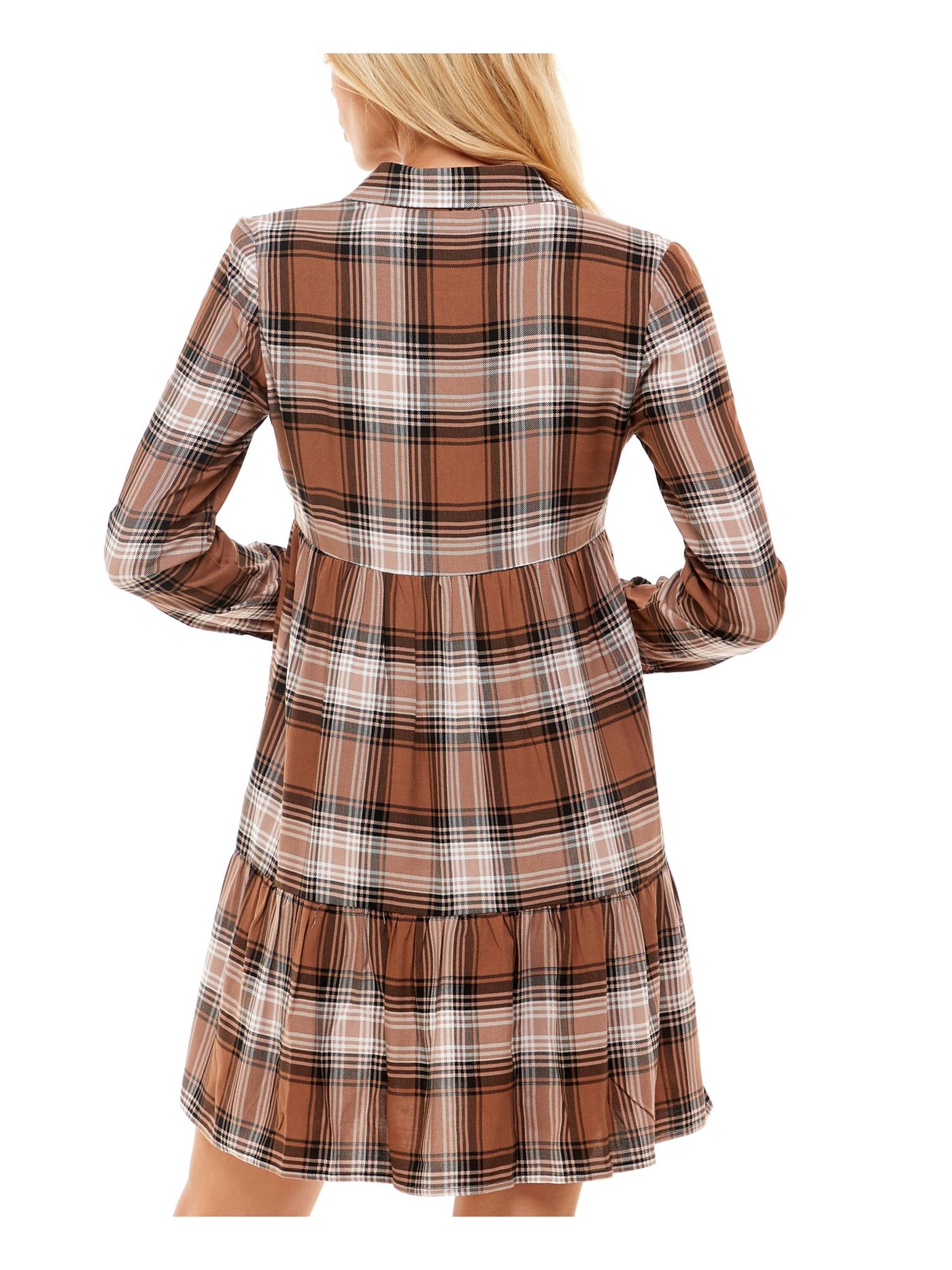 ULTRA FLIRT Womens Brown Plaid Cuffed Sleeve Point Collar Above The Knee Wear To Work Fit + Flare Dress S