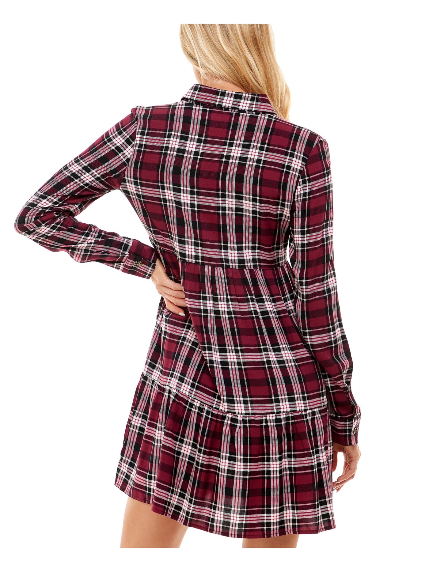 ULTRA FLIRT Womens Red Plaid Cuffed Sleeve Point Collar Above The Knee Wear To Work Fit + Flare Dress M