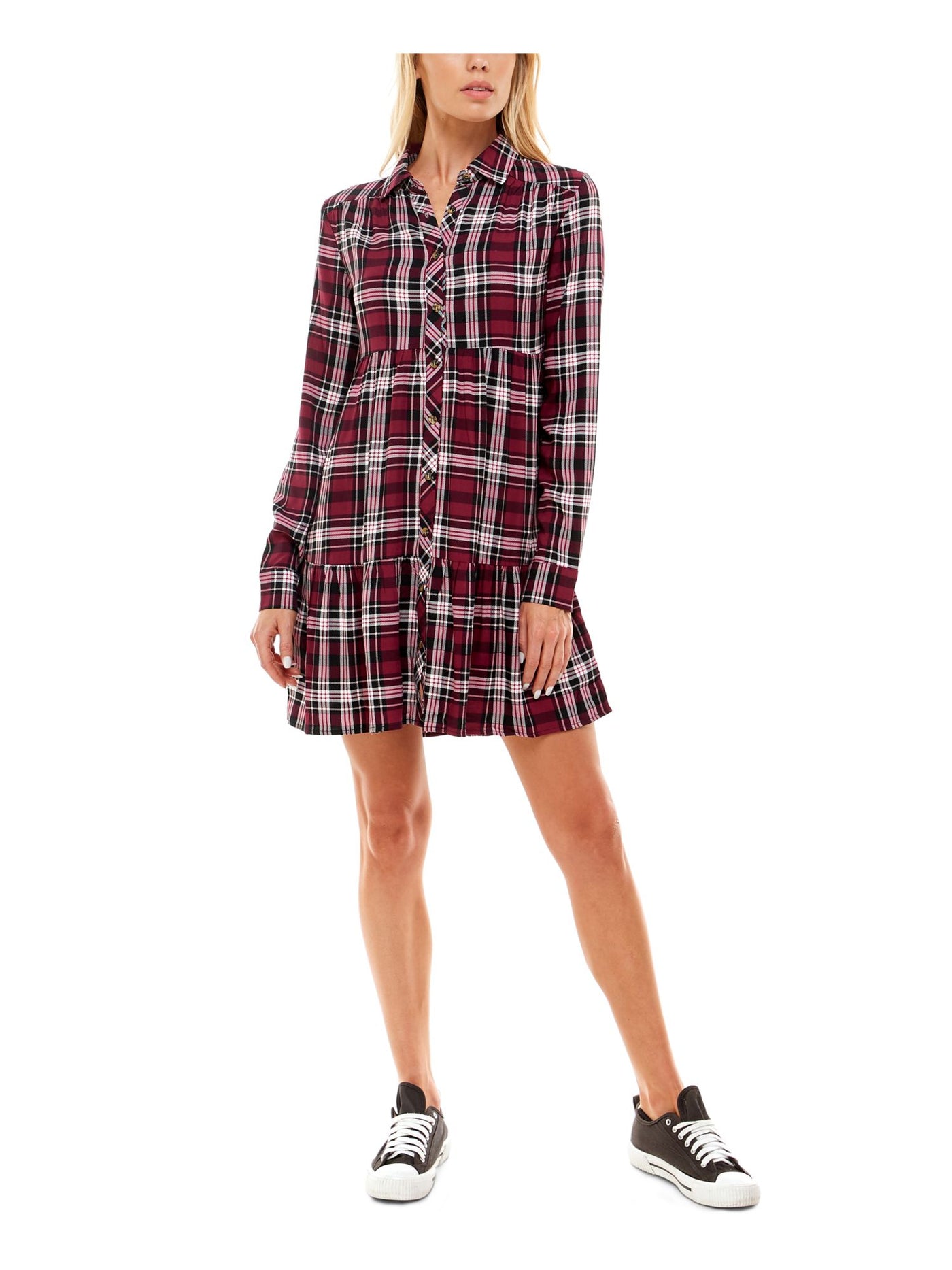 ULTRA FLIRT Womens Maroon Plaid Cuffed Sleeve Point Collar Above The Knee Wear To Work Fit + Flare Dress S