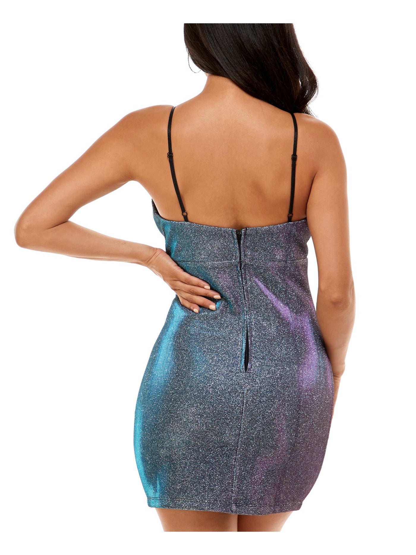 SPEECHLESS Womens Blue Metallic Zippered Low Cut Spaghetti Strap V Neck Mini Party Sheath Dress 5