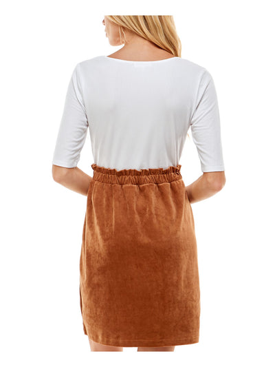 ULTRA FLIRT Womens Brown Stretch Ribbed Tie Button Detail Elastic Waist Color Block Short Sleeve Scoop Neck Above The Knee Sheath Dress XS