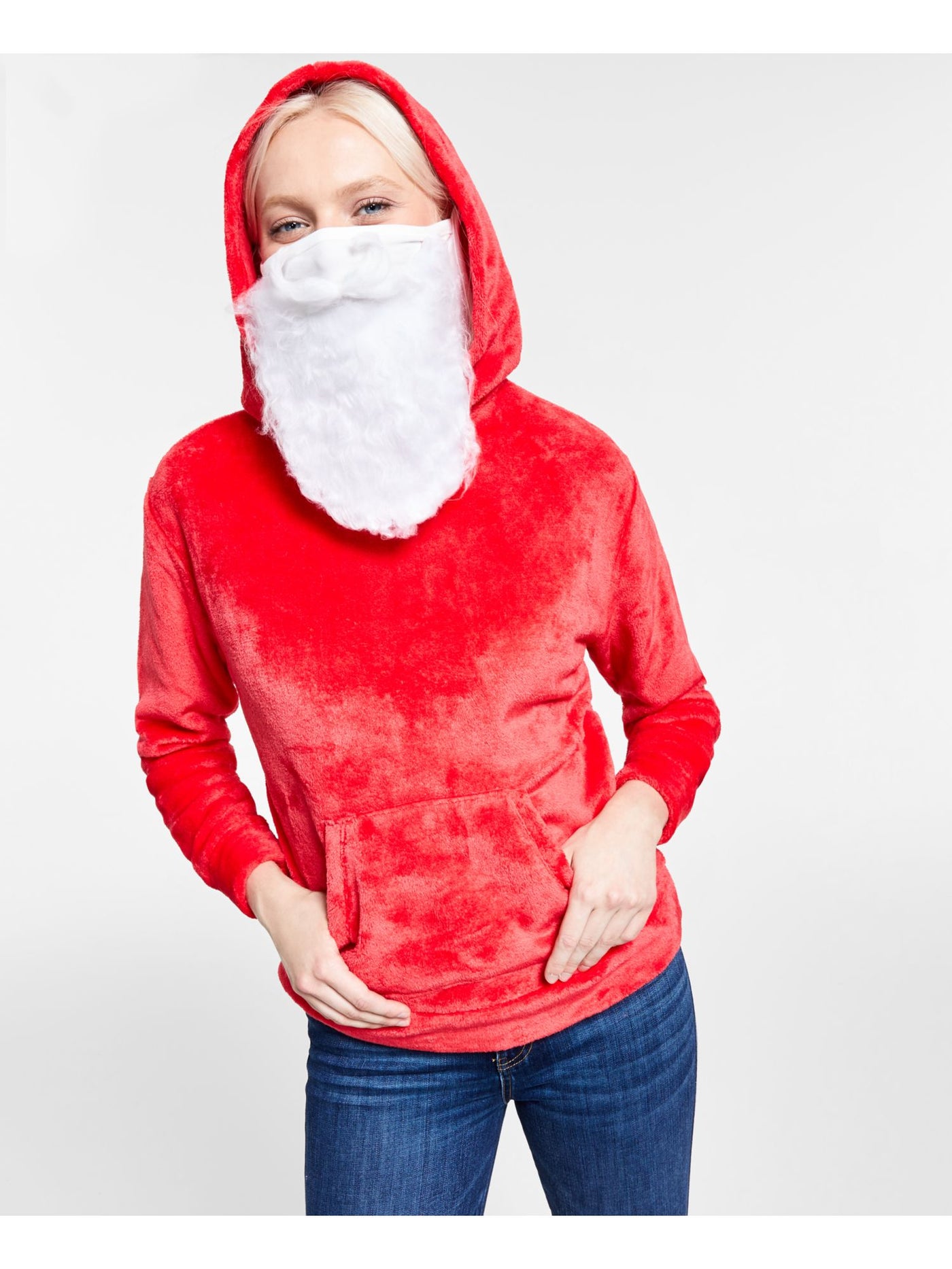 PLANET GOLD Womens Red Fleece Embellished Pocketed Santa Beard Face Covering Long Sleeve Collarless Holiday Hoodie Top S