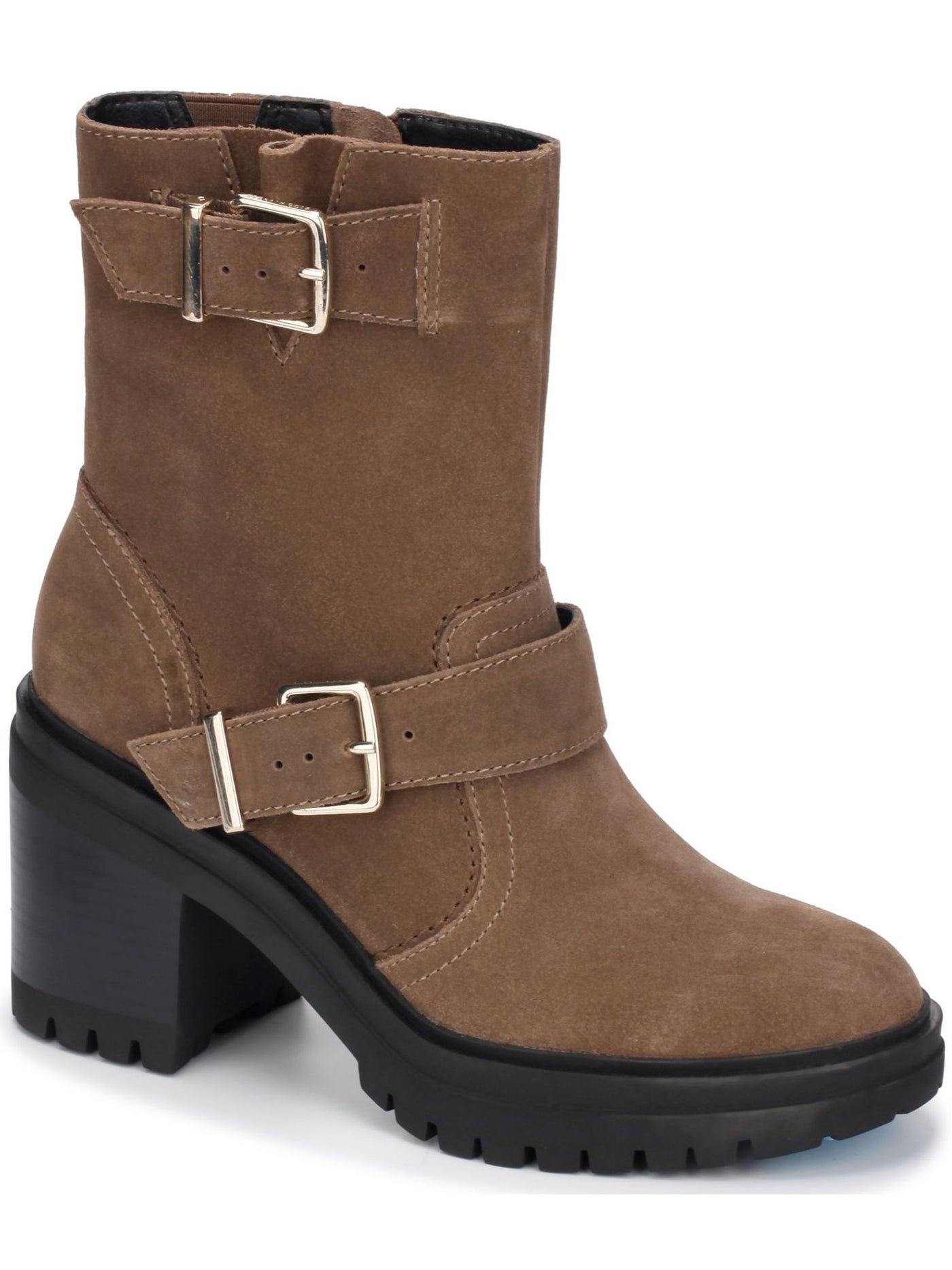 KENNETH COLE NEW YORK Womens Brown Double Buckle Lug Sole Goring Rhode Round Toe Block Heel Zip-Up Leather Booties 6.5 M