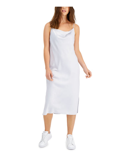 BAR III DRESSES Womens Silver Zippered Slitted Unlined Spaghetti Strap Cowl Neck Below The Knee Party Sheath Dress M