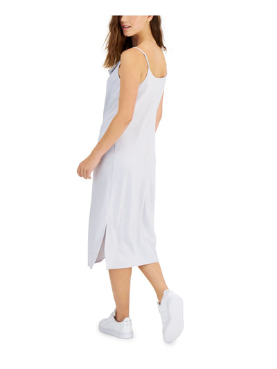 BAR III DRESSES Womens Silver Zippered Slitted Unlined Spaghetti Strap Cowl Neck Below The Knee Party Sheath Dress M