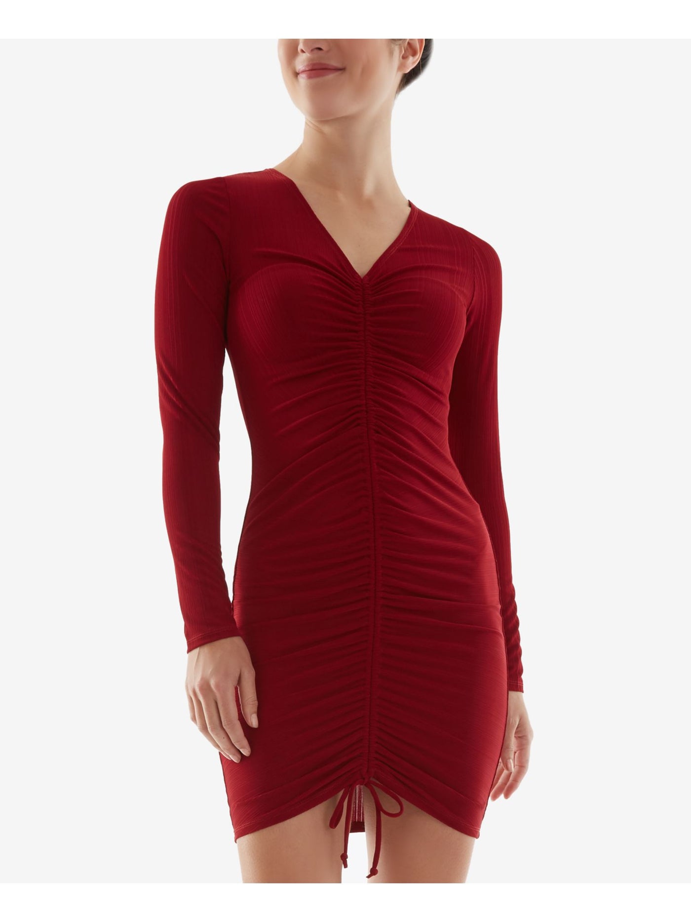 BCX DRESS Womens Red Ribbed Tie Adjustable Ruching Center Front Long Sleeve V Neck Short Party Body Con Dress M