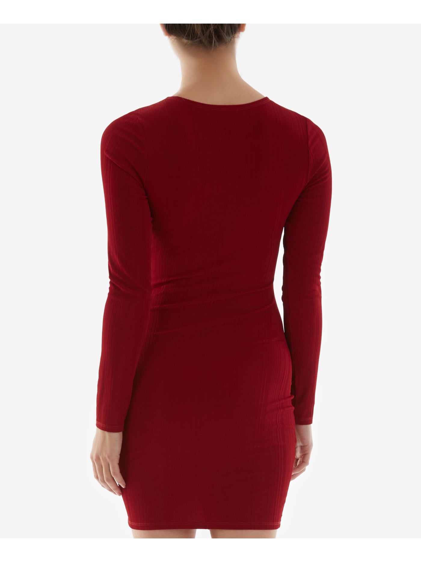 BCX DRESS Womens Red Ribbed Tie Adjustable Ruching Center Front Long Sleeve V Neck Short Party Body Con Dress M