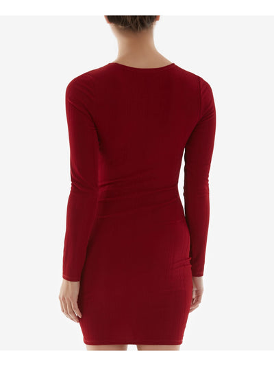 BCX DRESS Womens Red Ribbed Tie Adjustable Ruching Center Front Long Sleeve V Neck Short Party Body Con Dress M