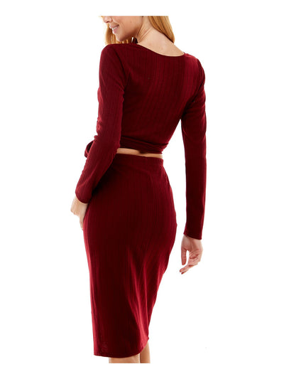 CITY STUDIO Womens Burgundy Ribbed Tie Slitted Midriff Wrap Top Long Sleeve V Neck Knee Length Party Body Con Dress S