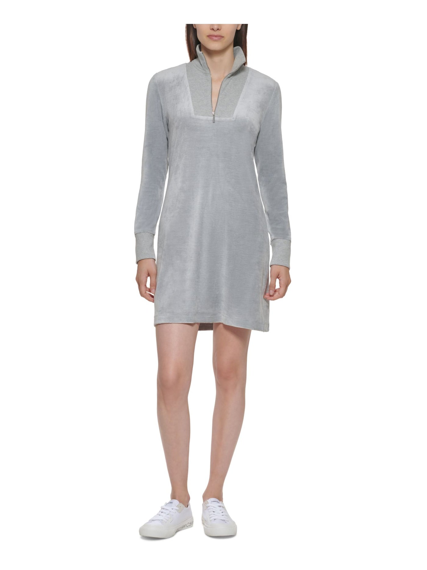 CALVIN KLEIN Womens Stretch Zippered Velour Ribbed Collar Cuffs Long Sleeve Stand Collar Above The Knee Shift Dress