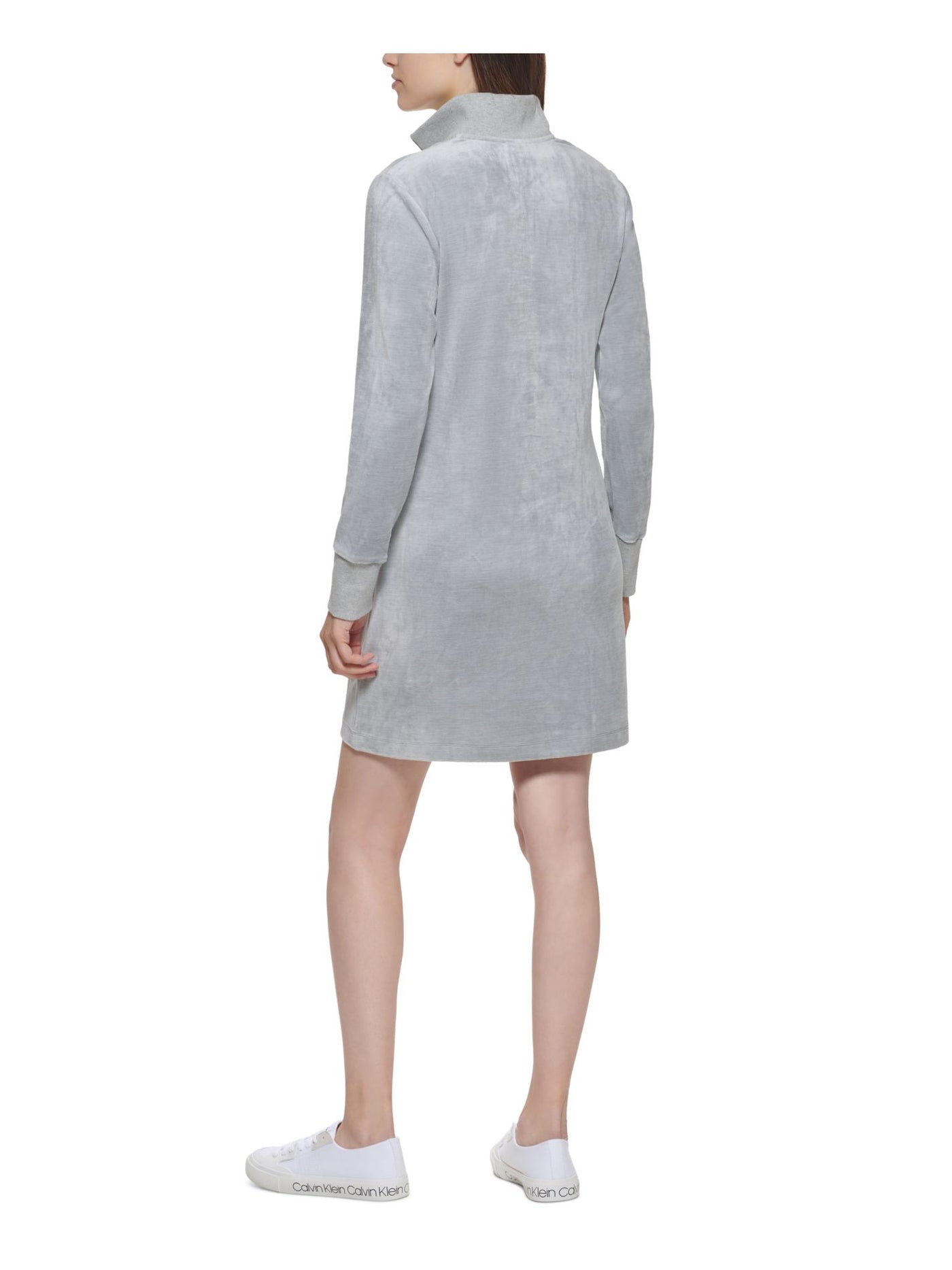 CALVIN KLEIN Womens Gray Stretch Zippered Rib-knit Trim Long Sleeve Stand Collar Above The Knee Shift Dress XL