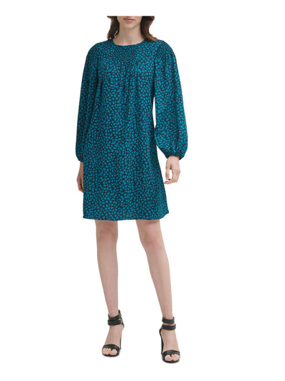 DKNY Womens Teal Smocked Floral Long Sleeve Round Neck Short Evening Shift Dress 12