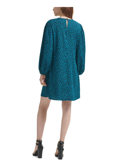 DKNY Womens Teal Smocked Floral Long Sleeve Round Neck Short Evening Shift Dress 16