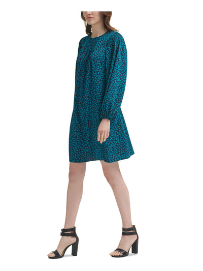 DKNY Womens Teal Smocked Floral Long Sleeve Round Neck Short Evening Shift Dress 6