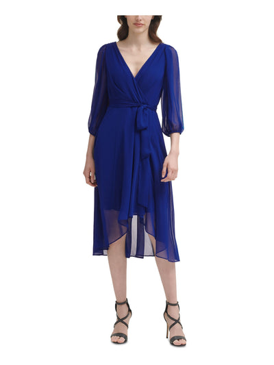 DKNY Womens Blue Zippered Belted Lined Balloon Sleeve Surplice Neckline Midi Wear To Work Faux Wrap Dress 6