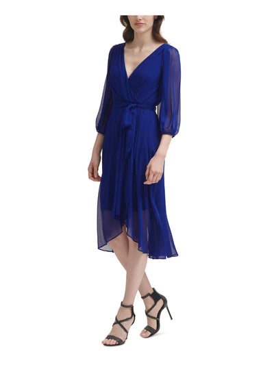 DKNY Womens Blue Zippered Belted Lined Balloon Sleeve Surplice Neckline Midi Wear To Work Faux Wrap Dress 6