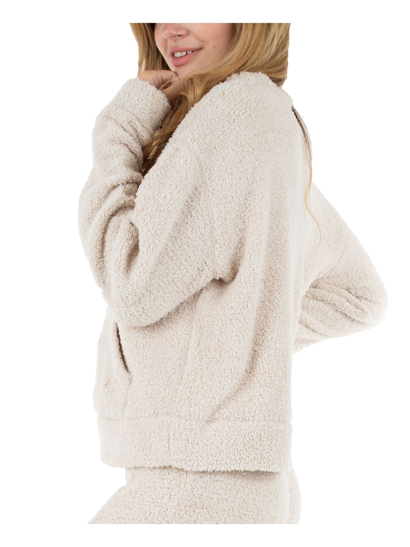 REWASH Womens Beige Textured Pocketed Long Sleeve Crew Neck Top M