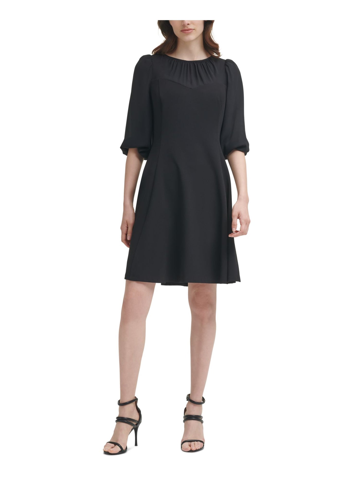 DKNY Womens Black Zippered Sheer Keyhole Back Unlined Pouf Sleeve Round Neck Above The Knee Cocktail Fit + Flare Dress 6