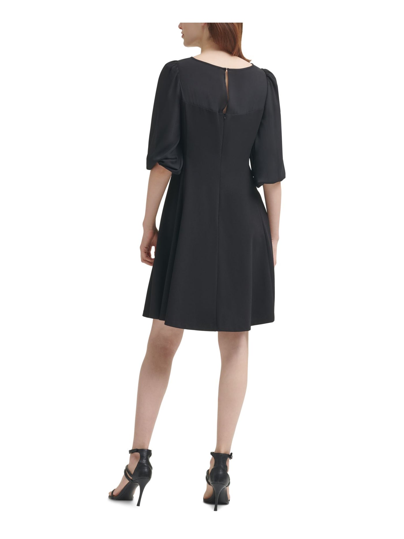 DKNY Womens Black Zippered Sheer Keyhole Back Unlined Pouf Sleeve Round Neck Above The Knee Cocktail Fit + Flare Dress 2