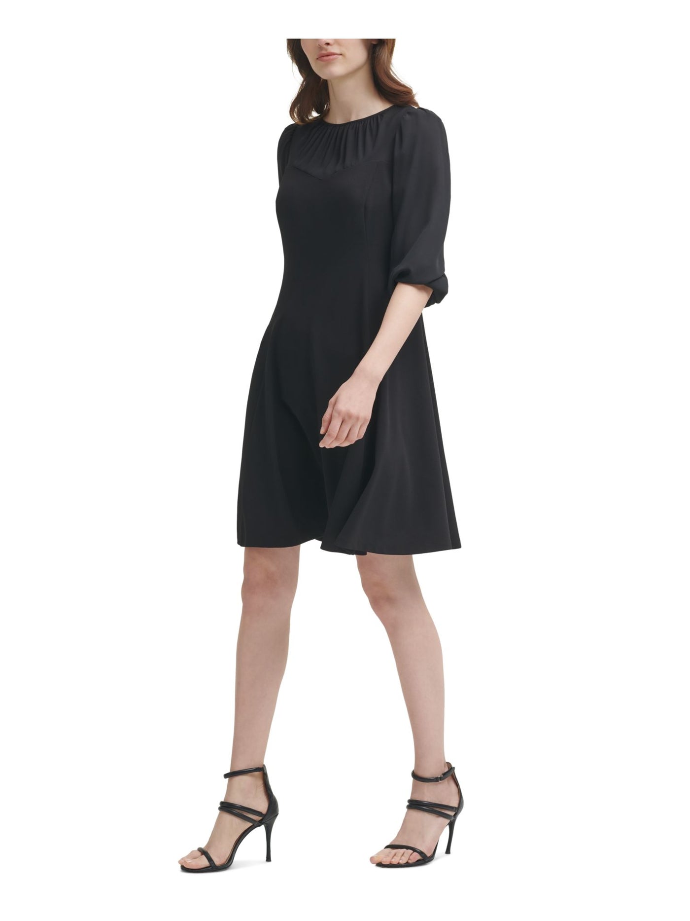 DKNY Womens Black Zippered Sheer Keyhole Back Unlined Pouf Sleeve Round Neck Above The Knee Cocktail Fit + Flare Dress 4