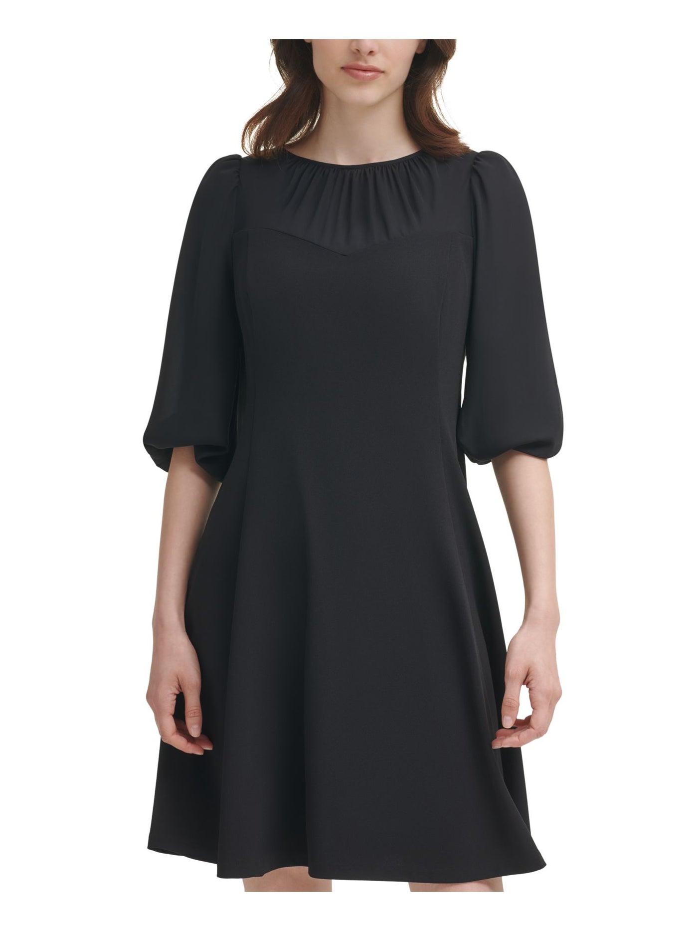 DKNY Womens Black Zippered Sheer Keyhole Back Unlined Pouf Sleeve Round Neck Above The Knee Cocktail Fit + Flare Dress 8