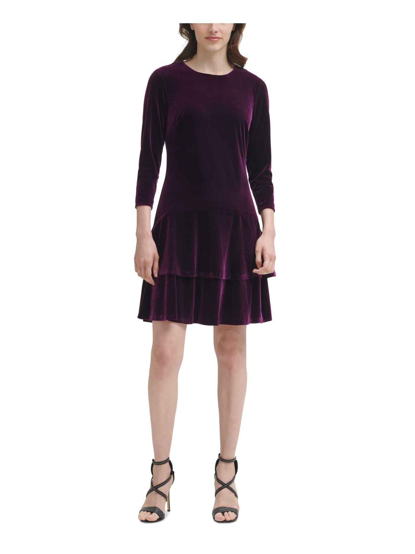 DKNY Womens Purple Stretch Zippered Velvet Tiered Ruffled Hem 3/4 Sleeve Crew Neck Above The Knee Party Sheath Dress 2